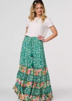 Skirts>Izabel London Green Patchwork Tassel Tie High Waist Maxi Dress