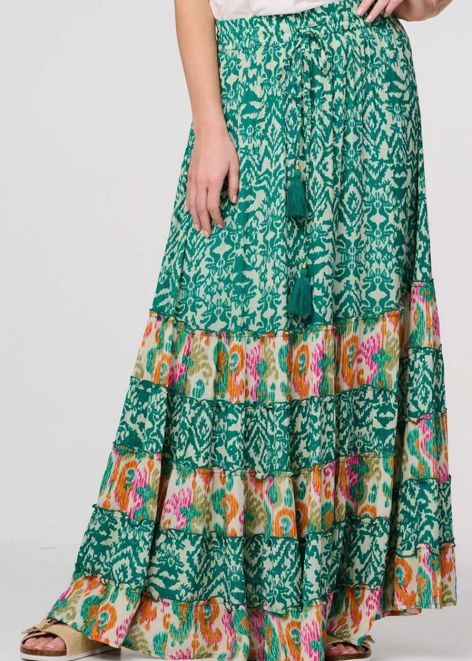 Skirts>Izabel London Green Patchwork Tassel Tie High Waist Maxi Dress