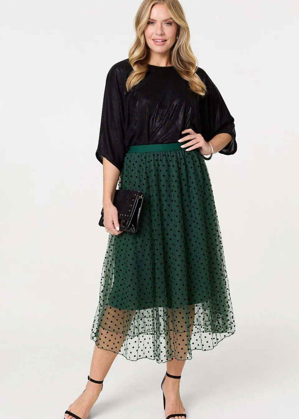 Skirts>Izabel London Green Polka Dot Layered Mesh Midi Skirt
