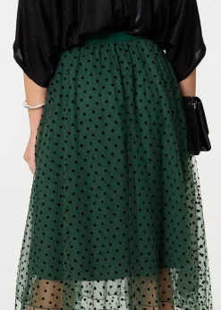 Skirts>Izabel London Green Polka Dot Layered Mesh Midi Skirt