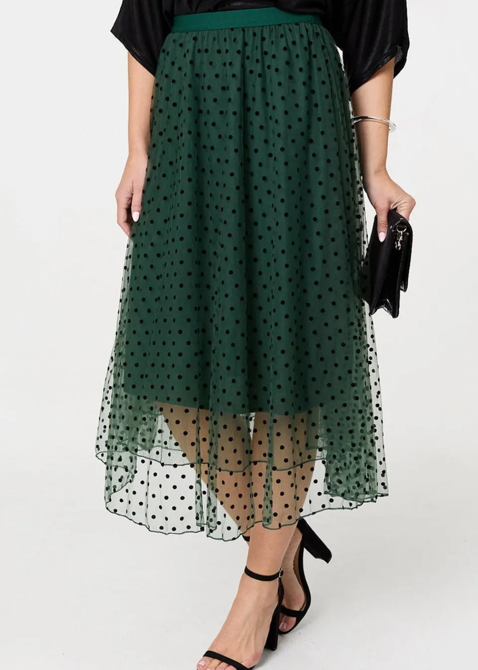 Skirts>Izabel London Green Polka Dot Layered Mesh Midi Skirt