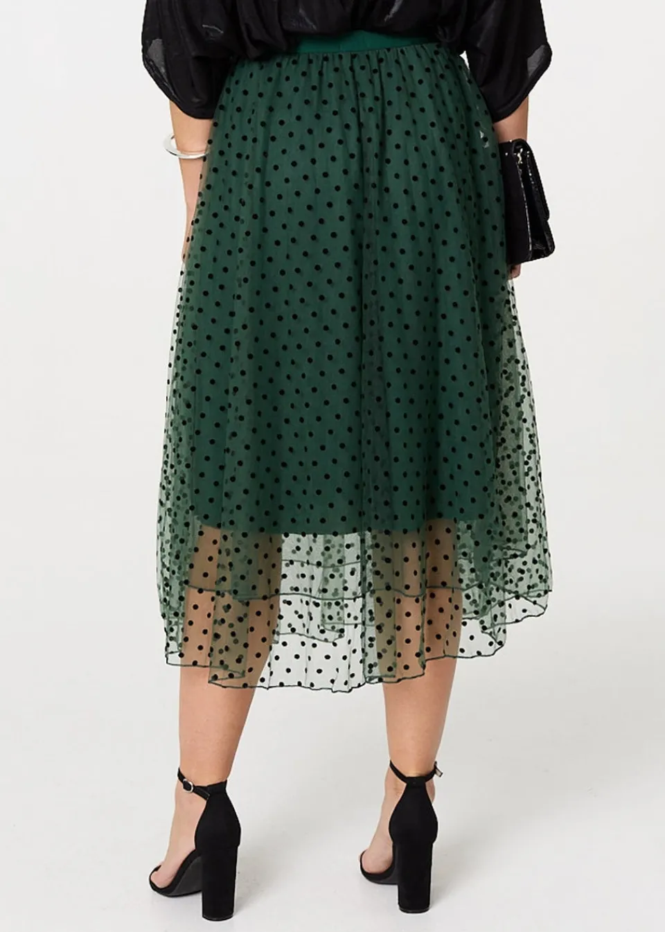 Skirts>Izabel London Green Polka Dot Layered Mesh Midi Skirt