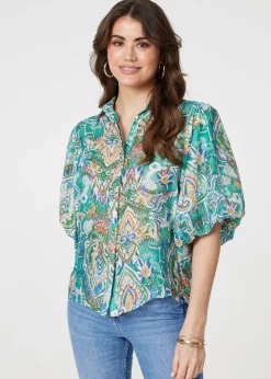Tops>Izabel London Green Printed Puff 1/2 Sleeve Shirt
