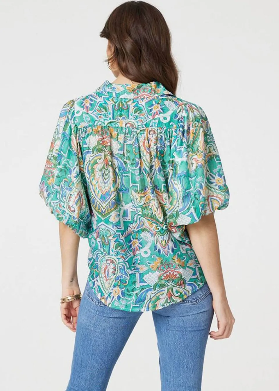 Tops>Izabel London Green Printed Puff 1/2 Sleeve Shirt
