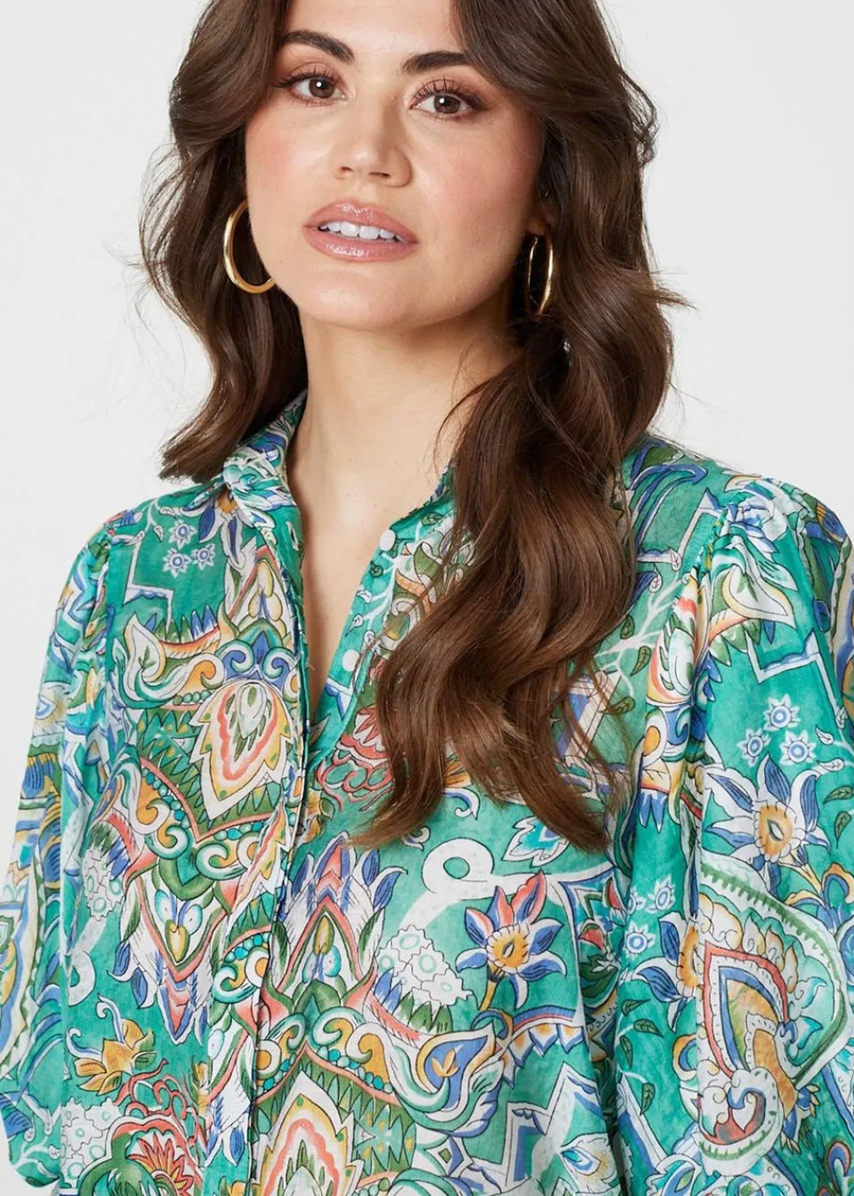 Tops>Izabel London Green Printed Puff 1/2 Sleeve Shirt