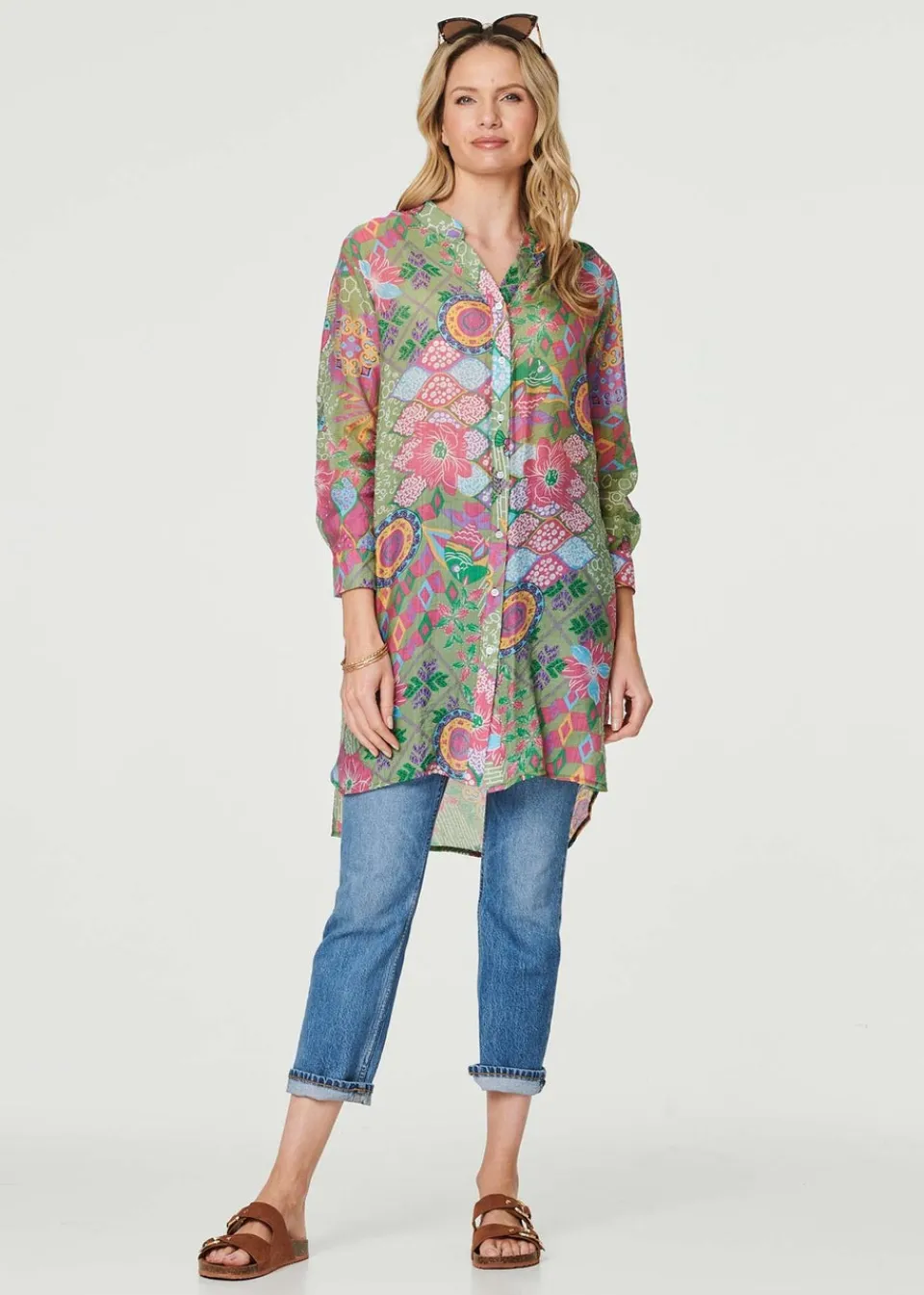 T-Shirts>Izabel London Green Printed Semi Sheer Longline Blouse