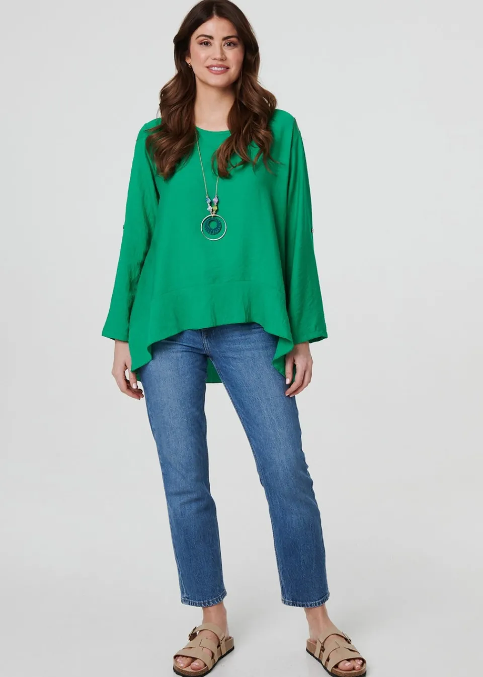 Tops>Izabel London Green Ruffle Curved Hem Long Sleeve Blouse
