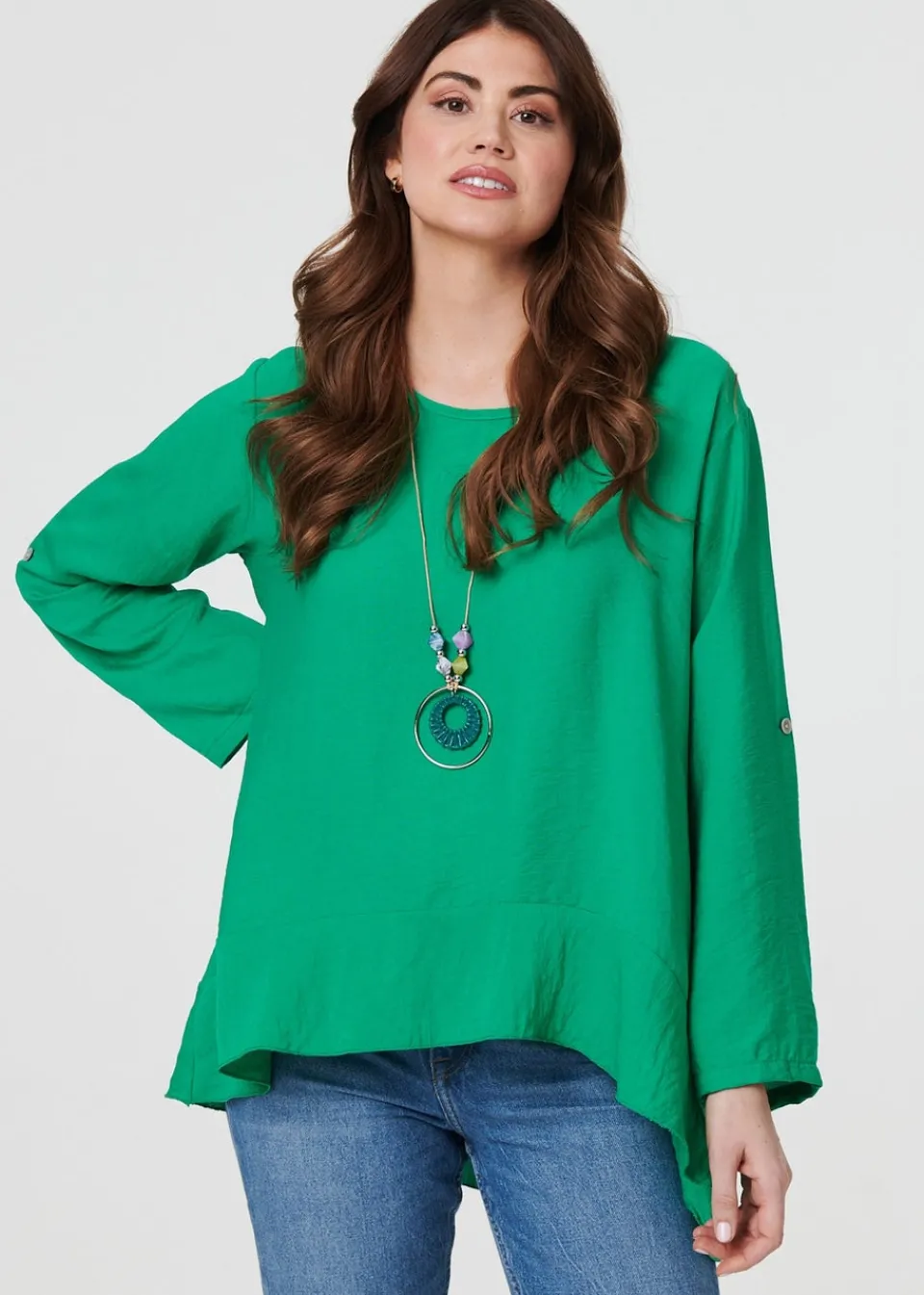 Tops>Izabel London Green Ruffle Curved Hem Long Sleeve Blouse