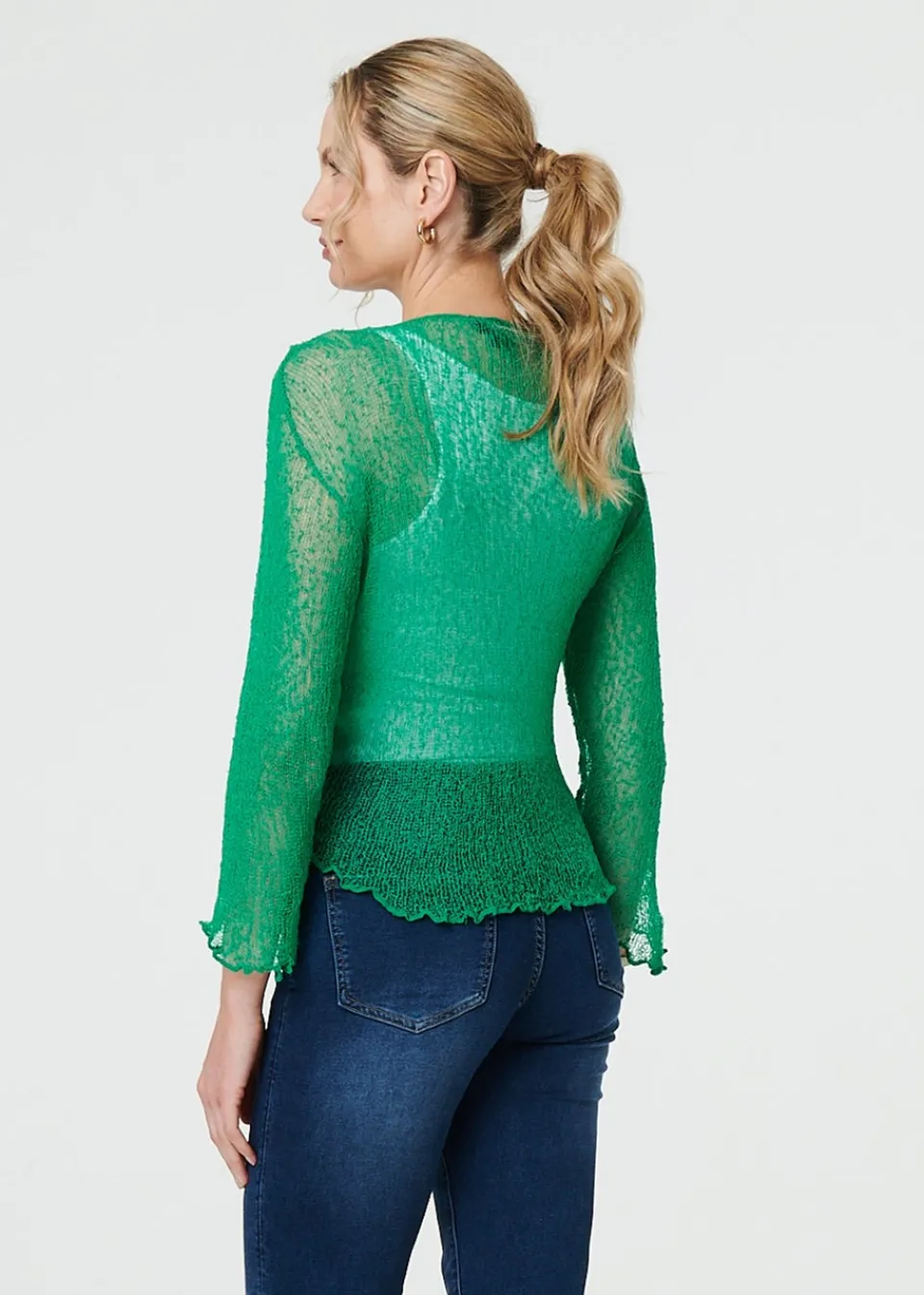 Knitwear>Izabel London Green Sheer 3/4 Sleeve Open Front Cardigan
