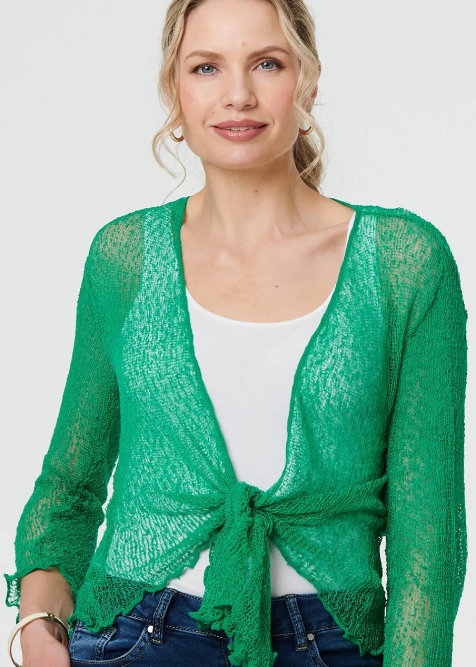 Knitwear>Izabel London Green Sheer 3/4 Sleeve Open Front Cardigan