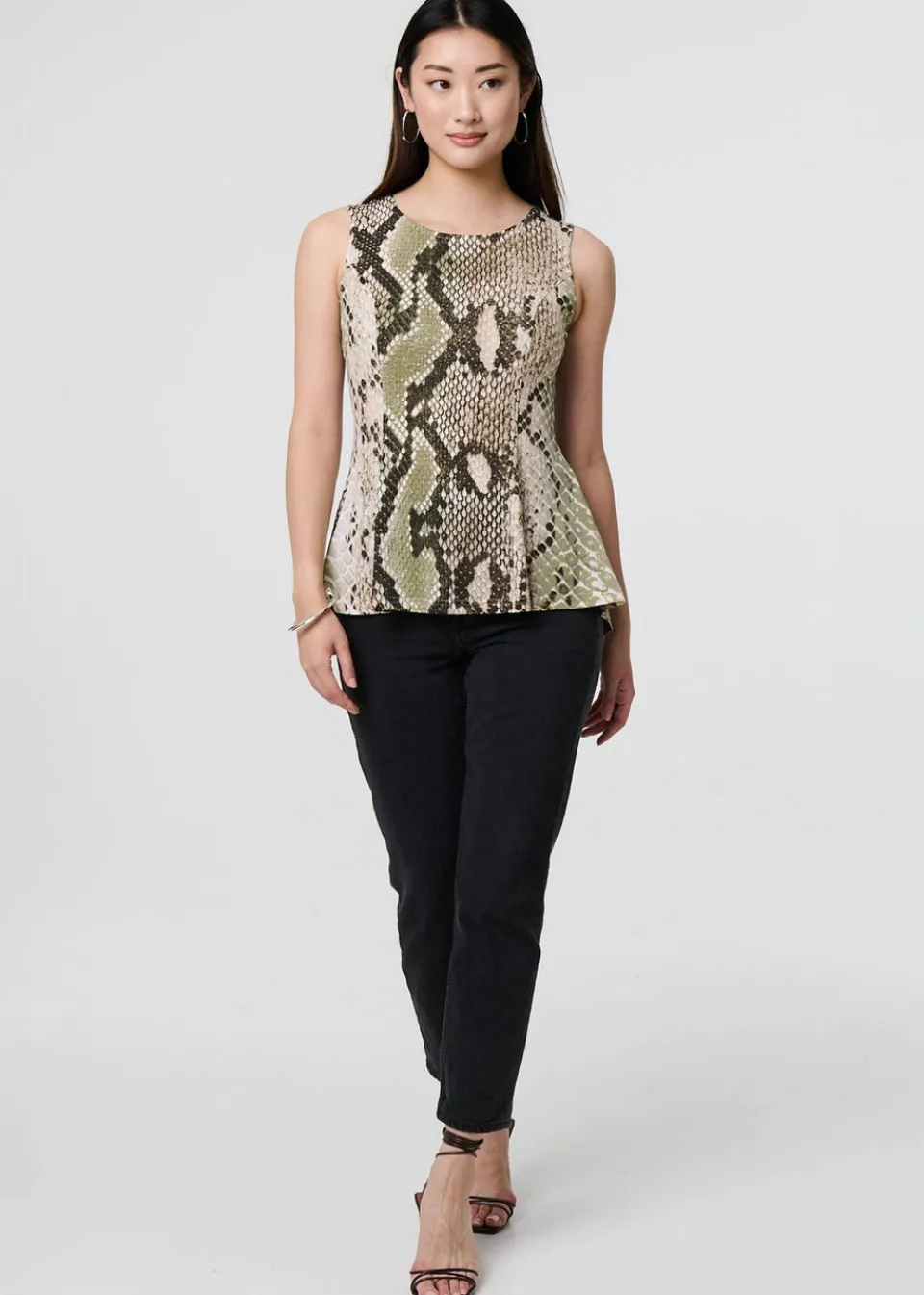 Tops>Izabel London Green Snake Print Sleeveless Curve Hem Top