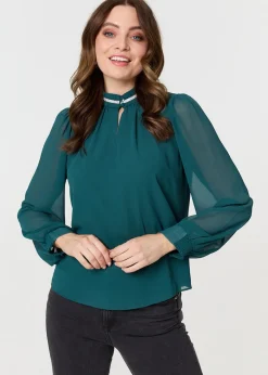 Tops>Izabel London Green Sparkle Trim High Neck Semi Sheer Blouse