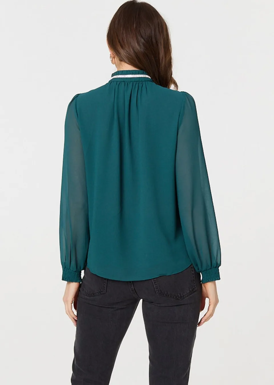 Tops>Izabel London Green Sparkle Trim High Neck Semi Sheer Blouse
