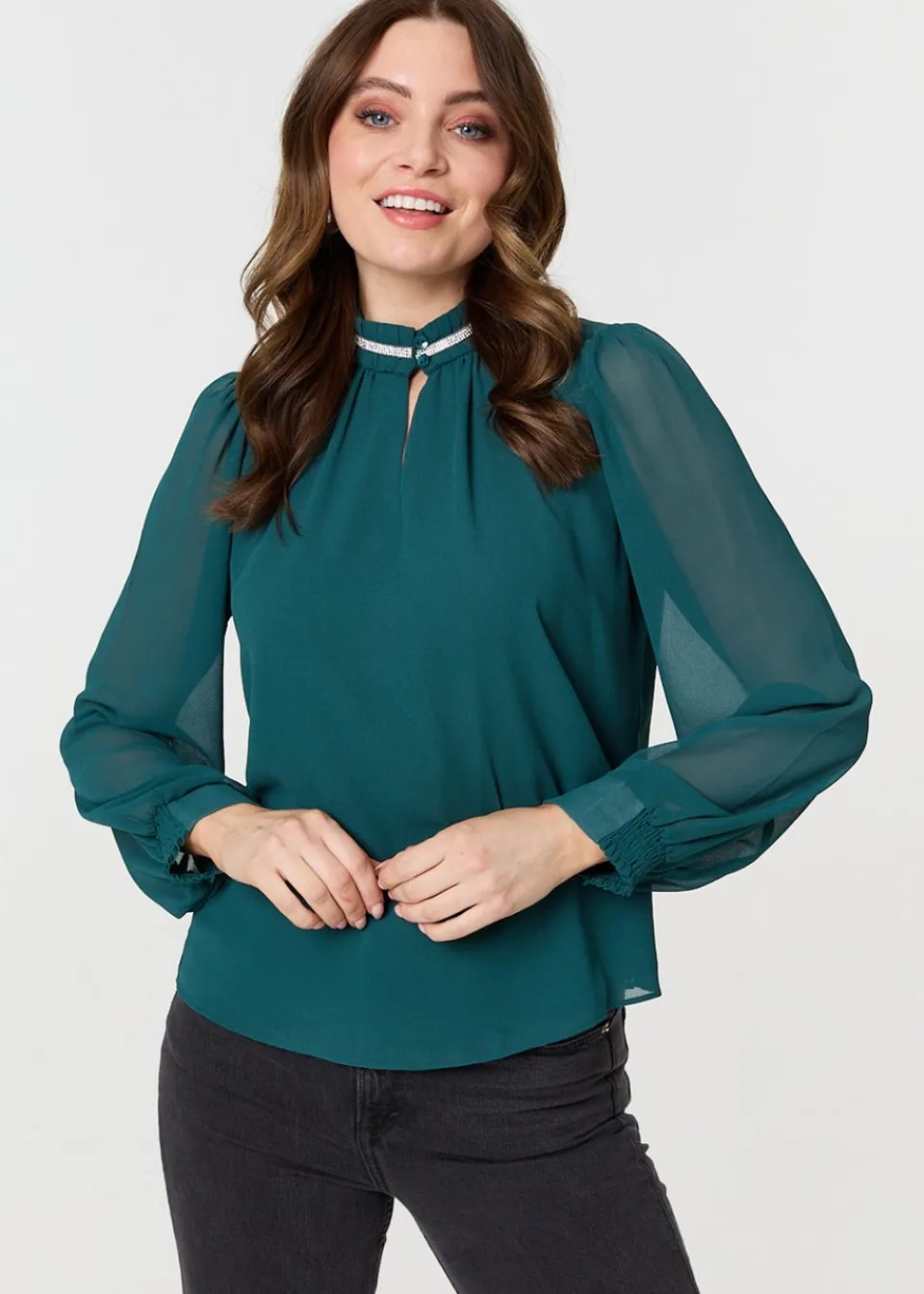 Tops>Izabel London Green Sparkle Trim High Neck Semi Sheer Blouse
