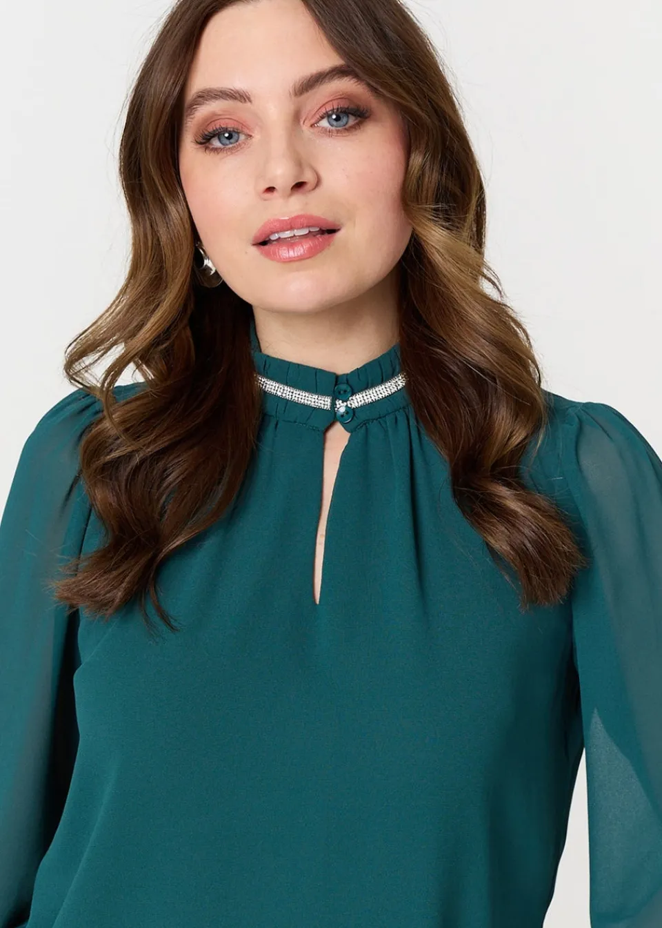 Tops>Izabel London Green Sparkle Trim High Neck Semi Sheer Blouse