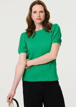 Tops>Izabel London Green Textured Knit Short Puff Sleeve Top