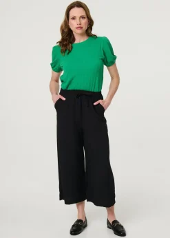 Tops>Izabel London Green Textured Knit Short Puff Sleeve Top