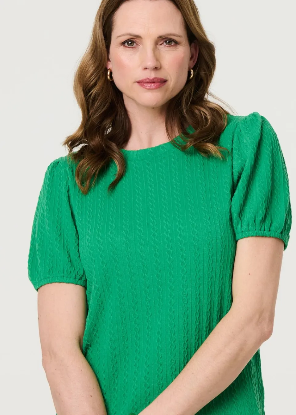 Tops>Izabel London Green Textured Knit Short Puff Sleeve Top