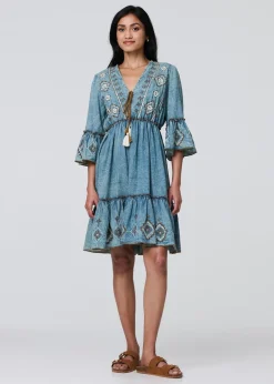 Dresses>Izabel London Indigo Embroidered Tassel Detail Knee Length Dress