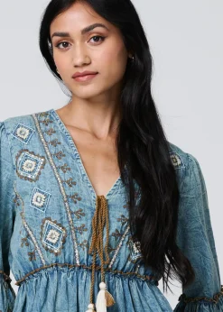 Dresses>Izabel London Indigo Embroidered Tassel Detail Knee Length Dress