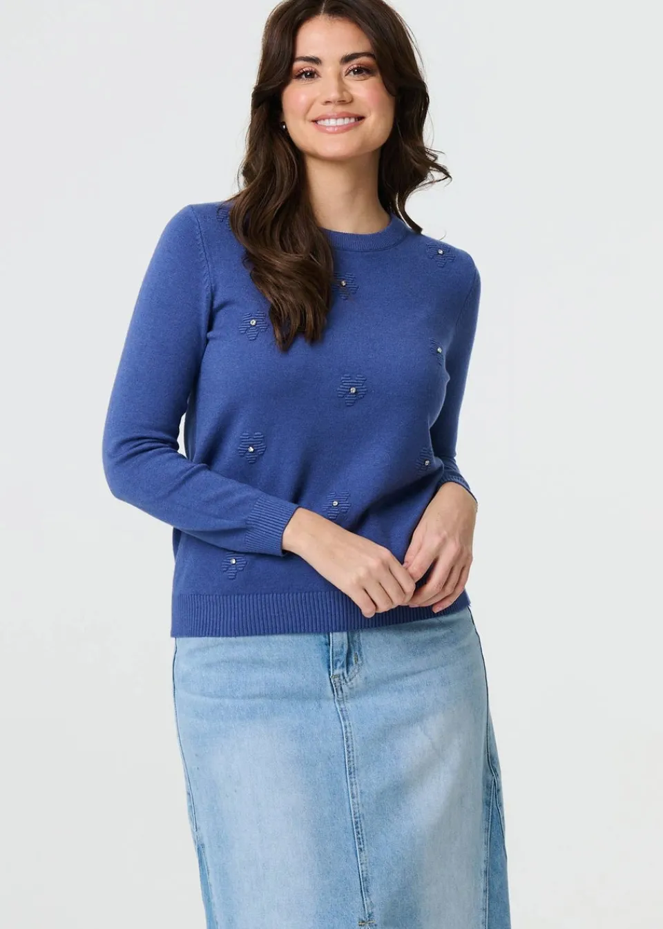 Tops>Izabel London Indigo Floral Gemstone Embellished Jumper