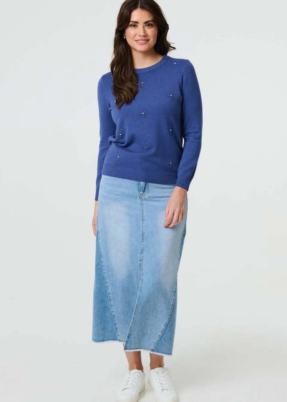 Tops>Izabel London Indigo Floral Gemstone Embellished Jumper