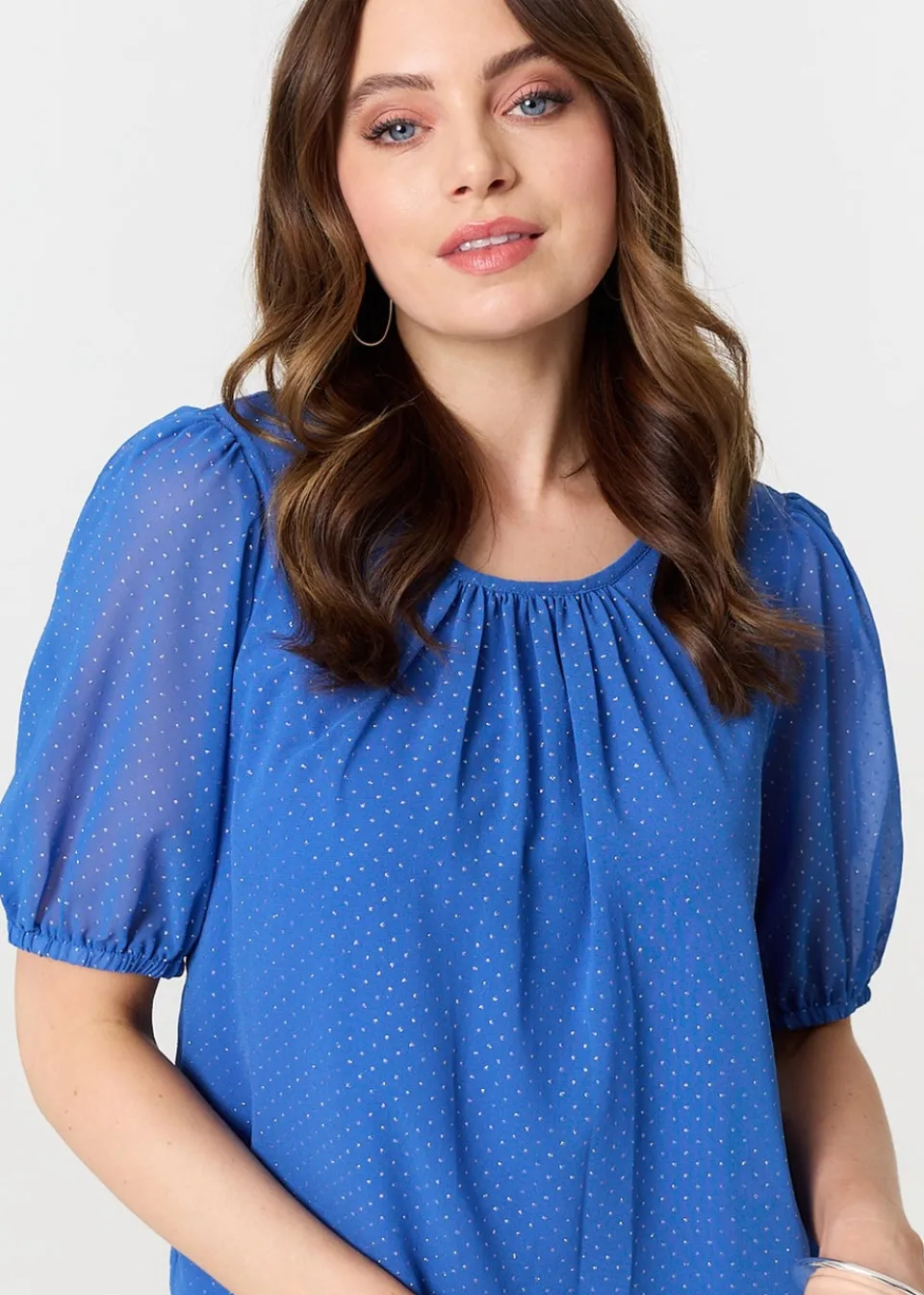 Tops>Izabel London Indigo Polka Dot Print Semi Sheer Blouse