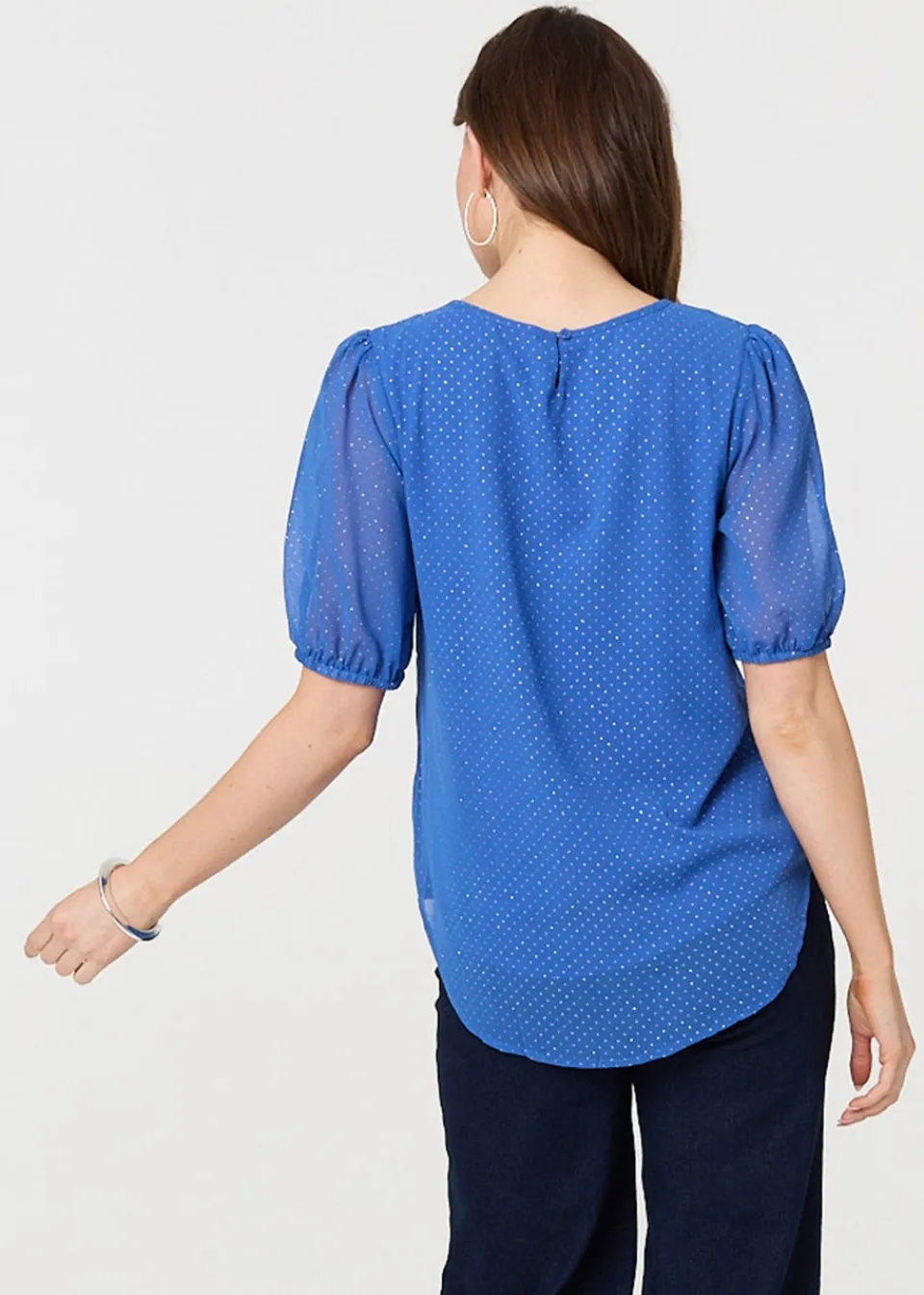 Tops>Izabel London Indigo Polka Dot Print Semi Sheer Blouse