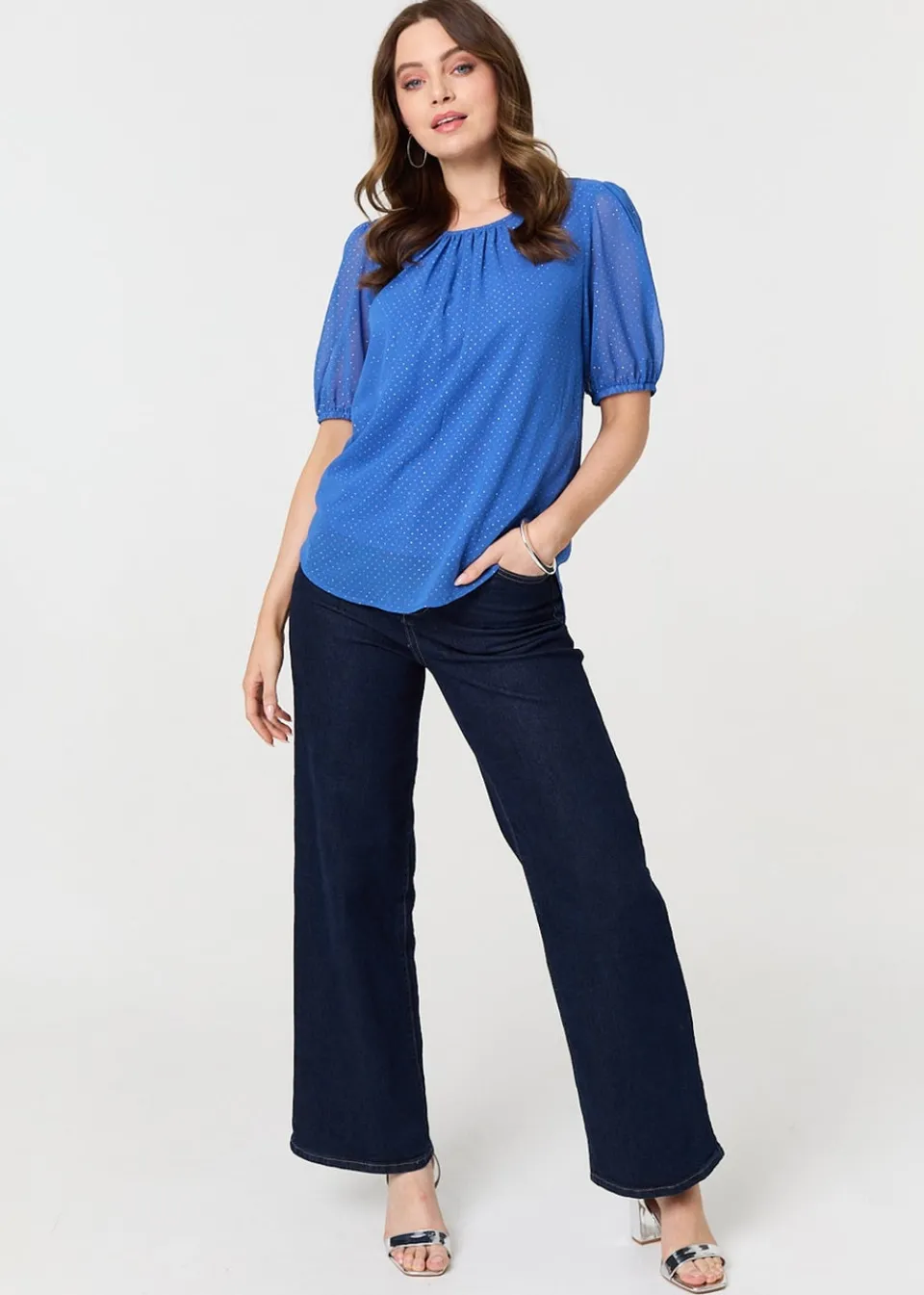 Tops>Izabel London Indigo Polka Dot Print Semi Sheer Blouse