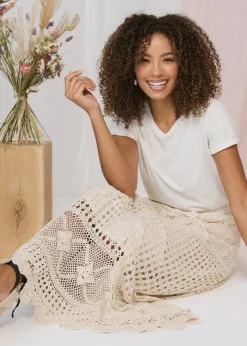 Skirts>Izabel London Ivory Mesh Crochet Texture Tie Waist Midi Skirt
