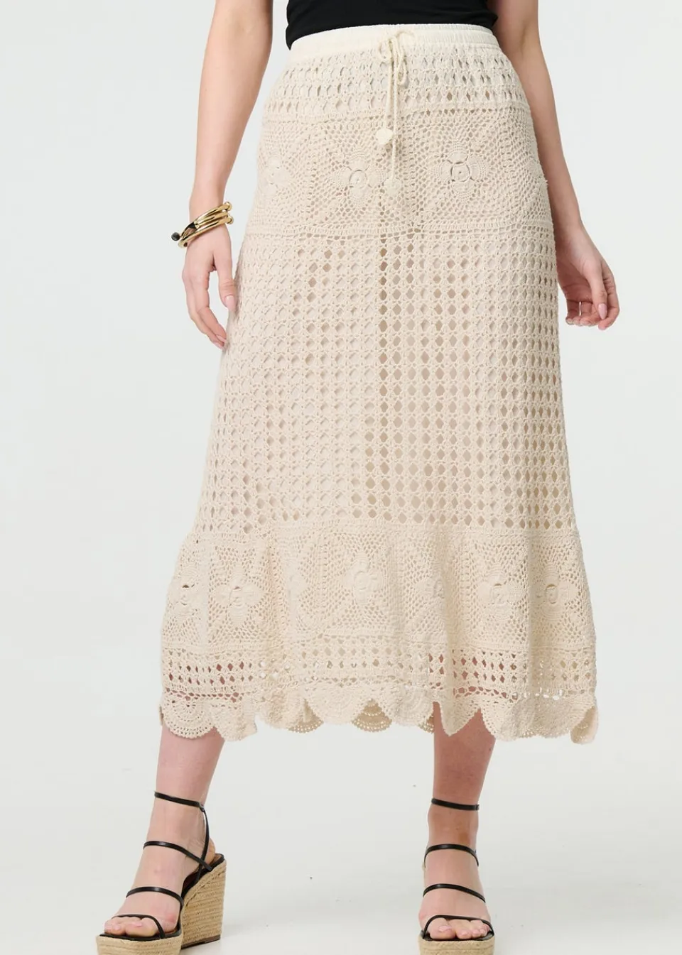 Skirts>Izabel London Ivory Mesh Crochet Texture Tie Waist Midi Skirt