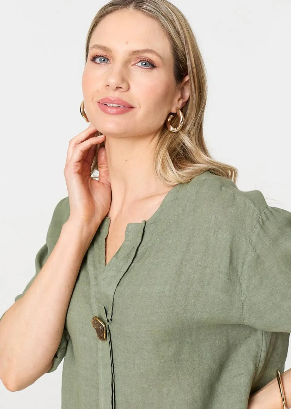 Tops>Izabel London Khaki Button Detail V-Neck Blouse