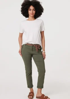 Trousers>Izabel London Khaki Mid Rise Straight Trousers with Belt