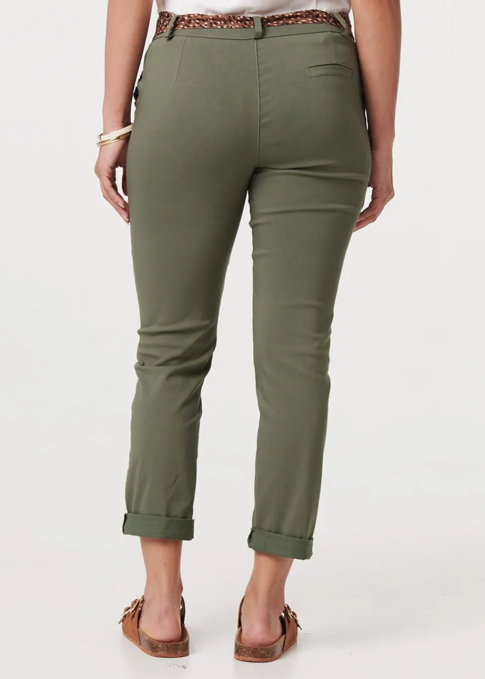 Trousers>Izabel London Khaki Mid Rise Straight Trousers with Belt