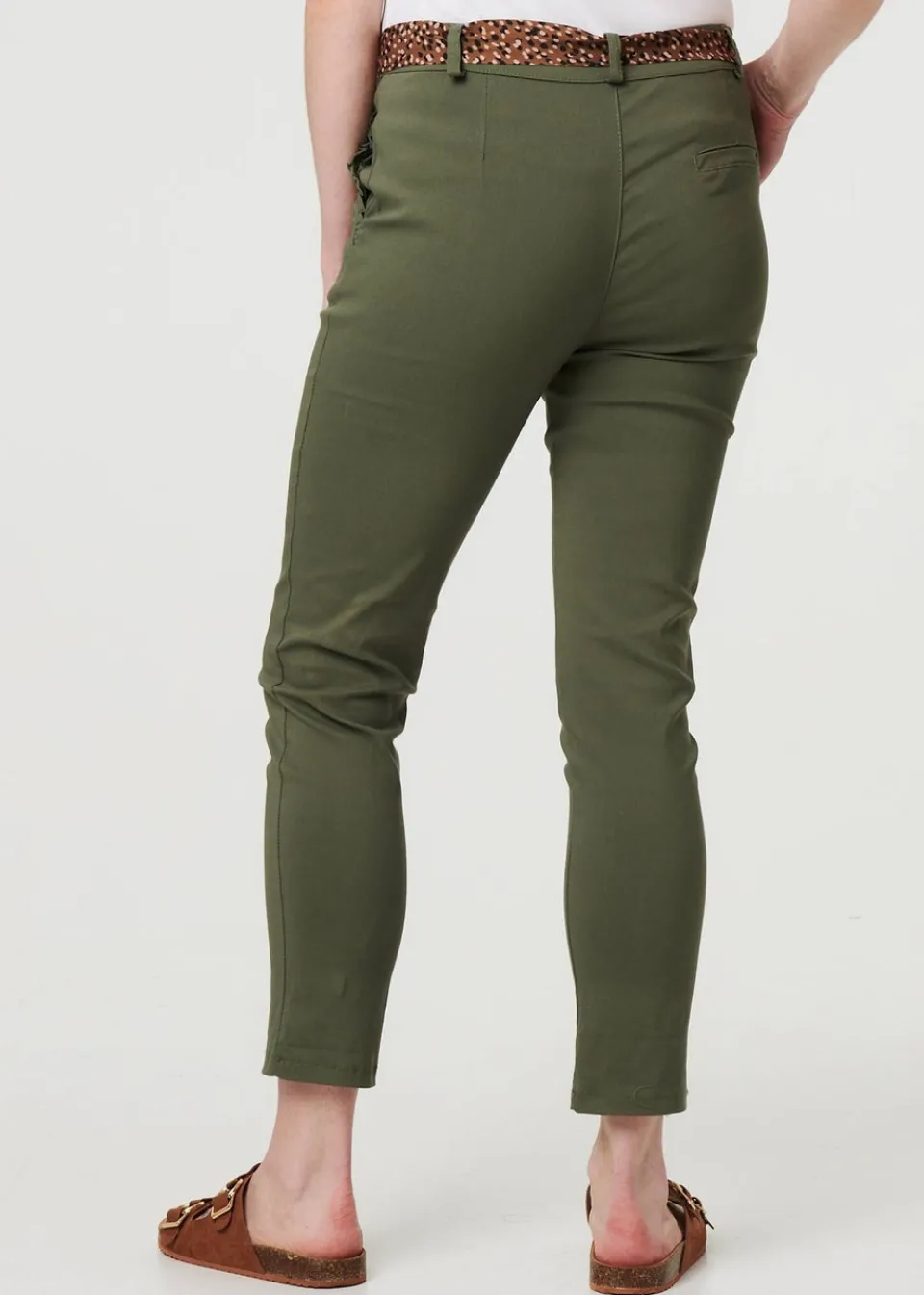 Trousers>Izabel London Khaki Mid Rise Straight Trousers with Belt