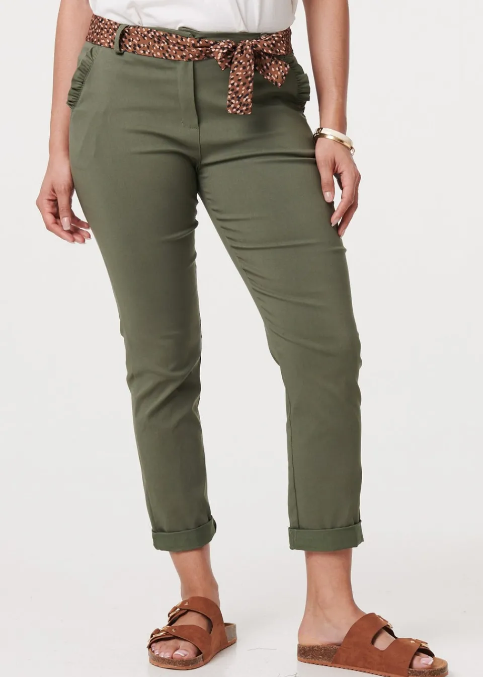 Trousers>Izabel London Khaki Mid Rise Straight Trousers with Belt