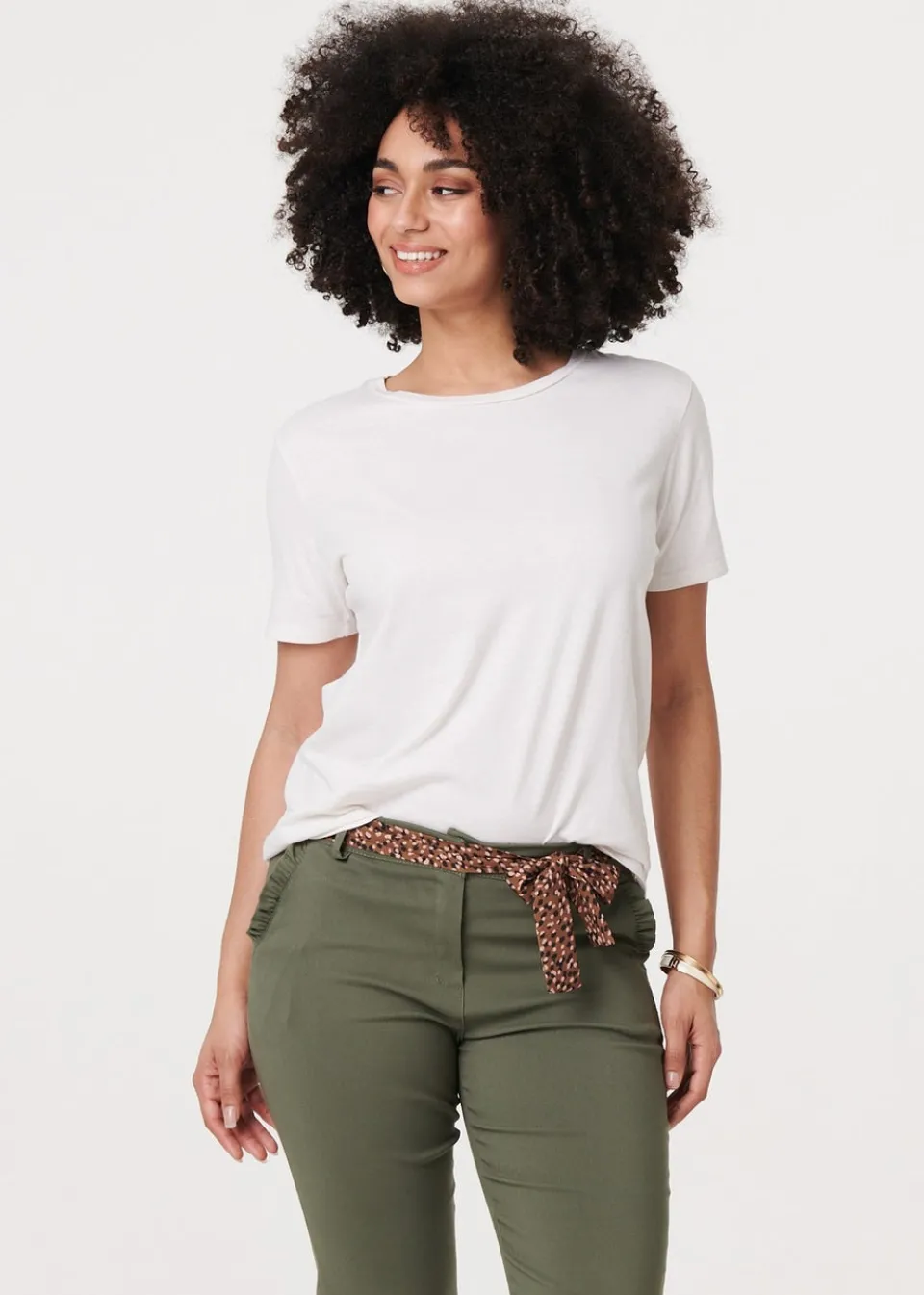 Trousers>Izabel London Khaki Mid Rise Straight Trousers with Belt