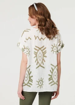 Tops>Izabel London Khaki Printed Short Sleeve Relaxed Blouse