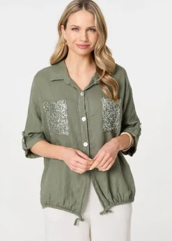 Tops>Izabel London Khaki Sequin Detail 3/4 Turn-Up Sleeve Shirt