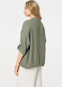 Tops>Izabel London Khaki Sequin Detail 3/4 Turn-Up Sleeve Shirt