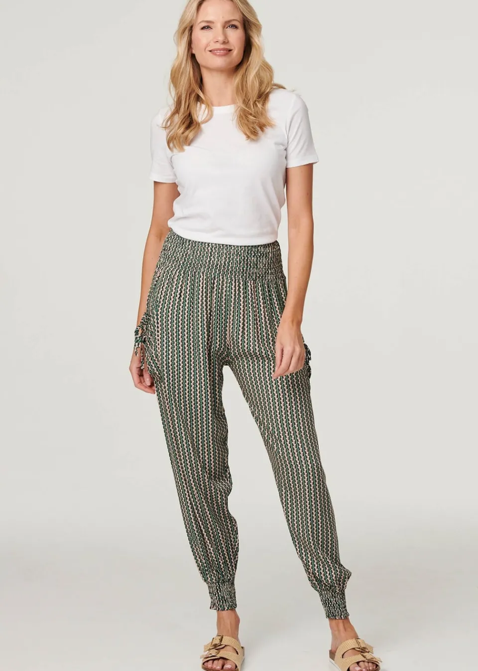 Trousers>Izabel London Khaki Stripe Print Pocket Detail Harem Pants