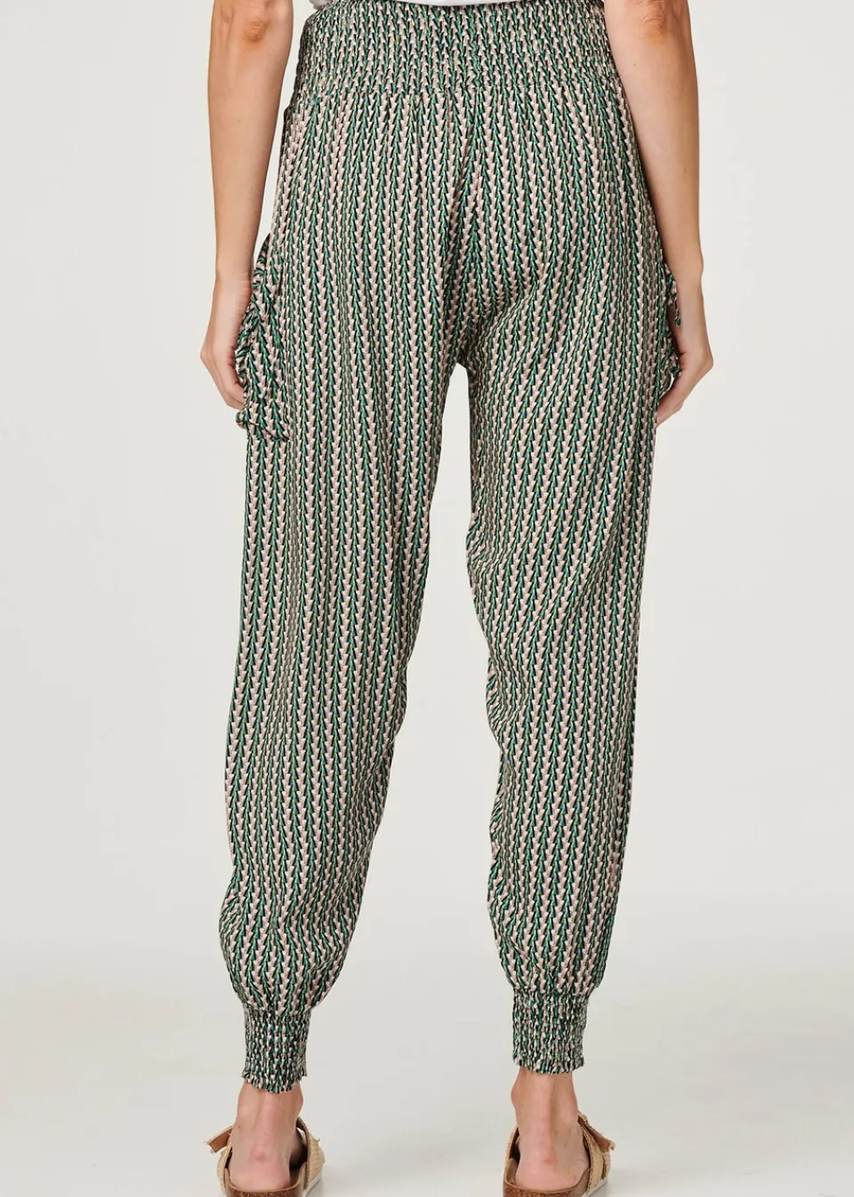 Trousers>Izabel London Khaki Stripe Print Pocket Detail Harem Pants