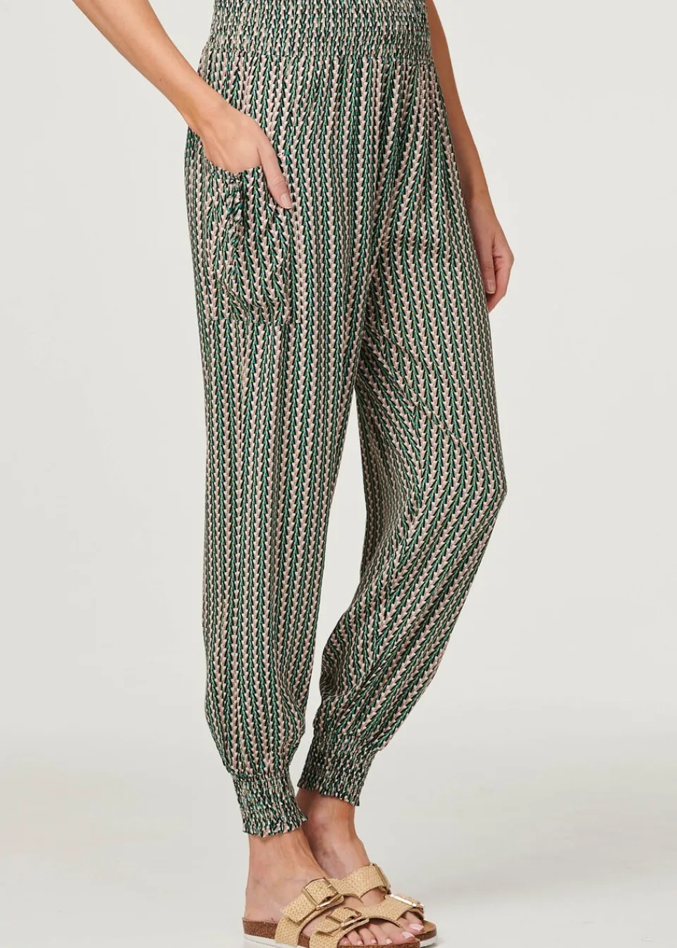 Trousers>Izabel London Khaki Stripe Print Pocket Detail Harem Pants