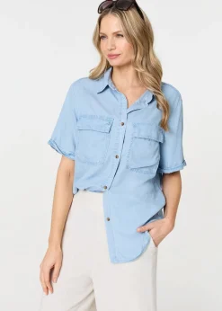 Tops>Izabel London Light Blue Short Sleeve Boxy Pocket Detail Shirt