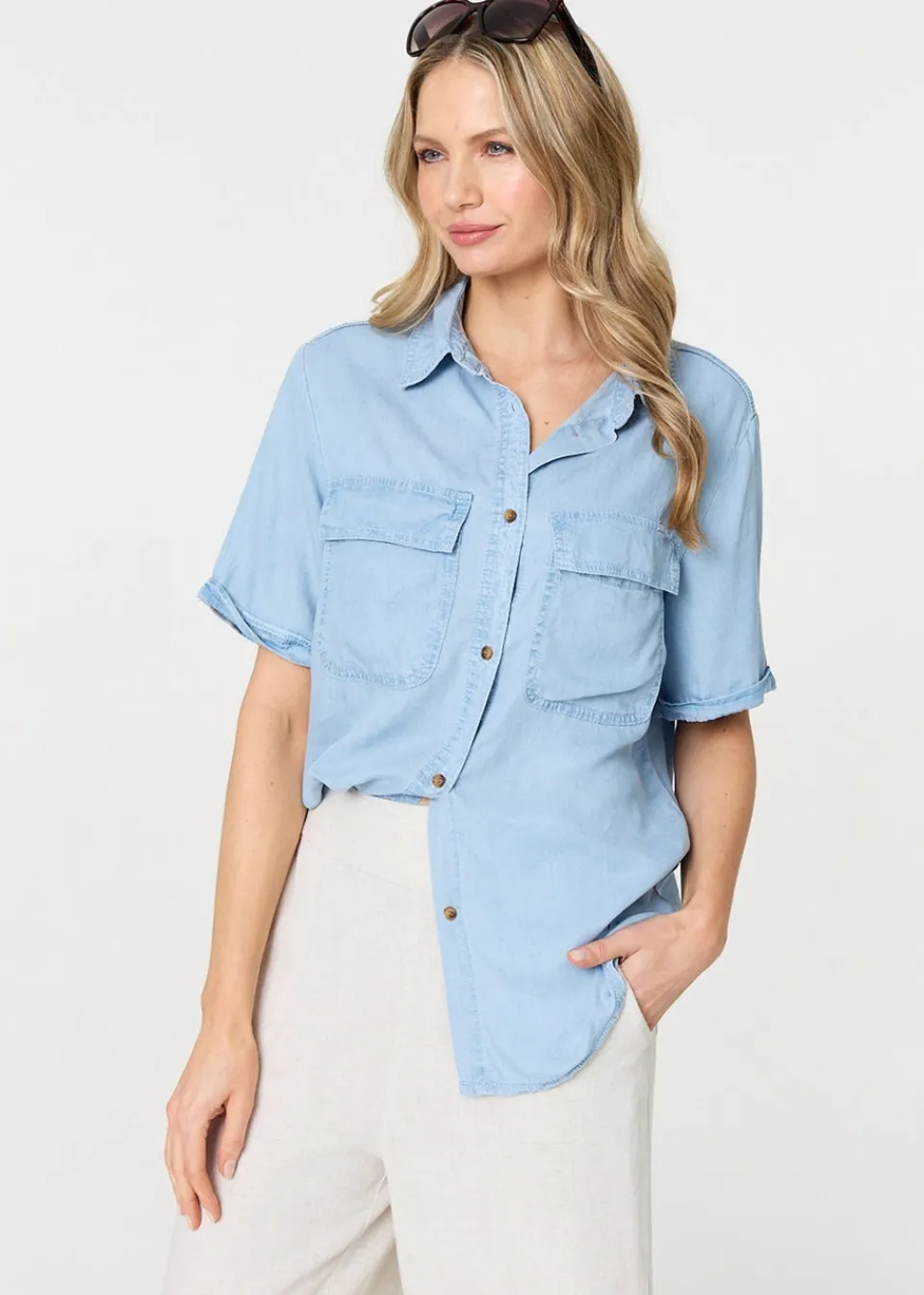 Tops>Izabel London Light Blue Short Sleeve Boxy Pocket Detail Shirt