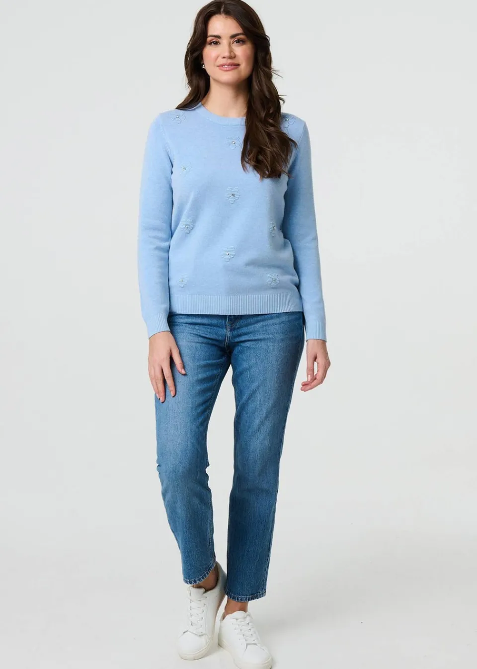 Tops>Izabel London Light Blue Floral Gemstone Embellished Jumper