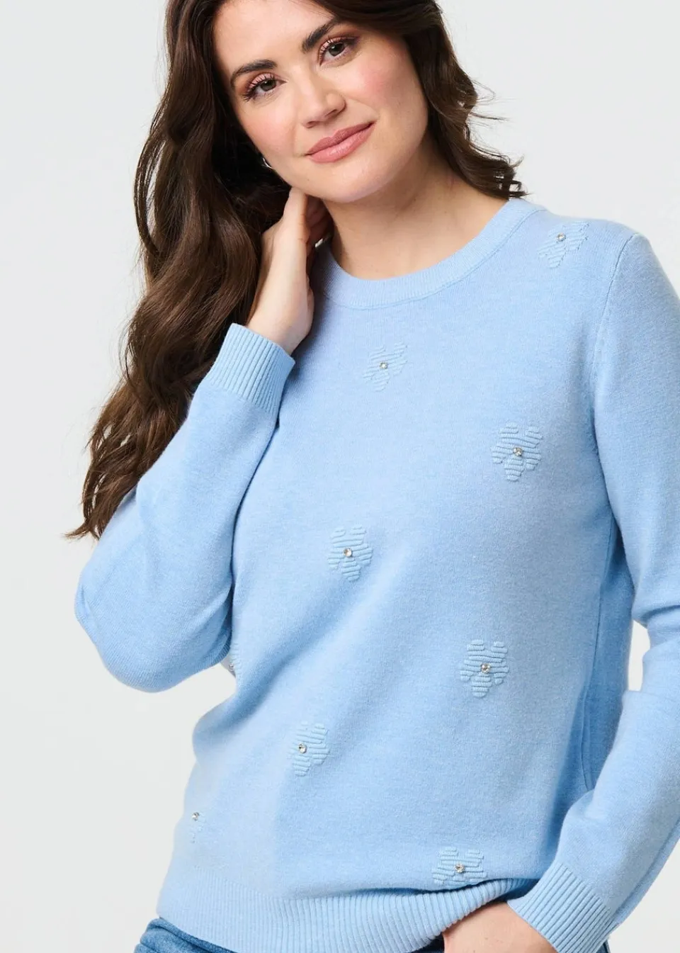 Tops>Izabel London Light Blue Floral Gemstone Embellished Jumper