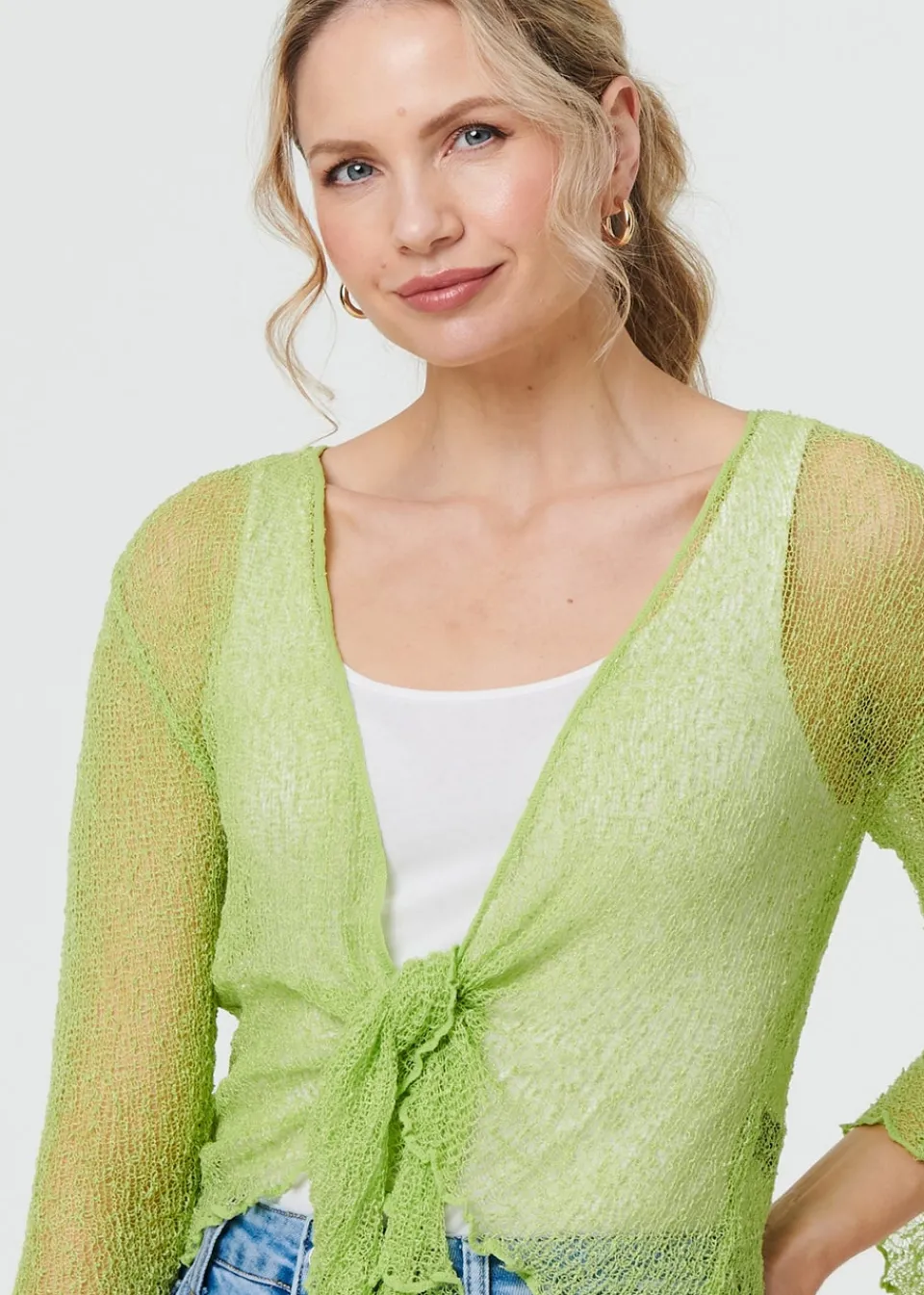 Tops>Izabel London Light Green Sheer 3/4 Sleeve Open Front Cardigan