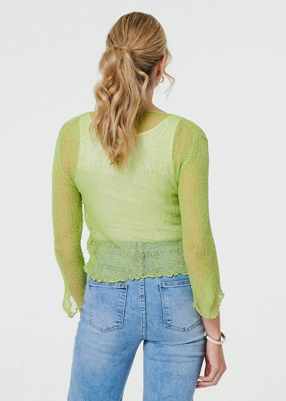 Tops>Izabel London Light Green Sheer 3/4 Sleeve Open Front Cardigan