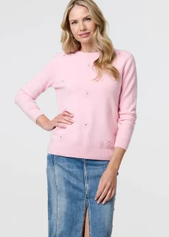Tops>Izabel London Light Pink Floral Gemstone Embellished Jumper